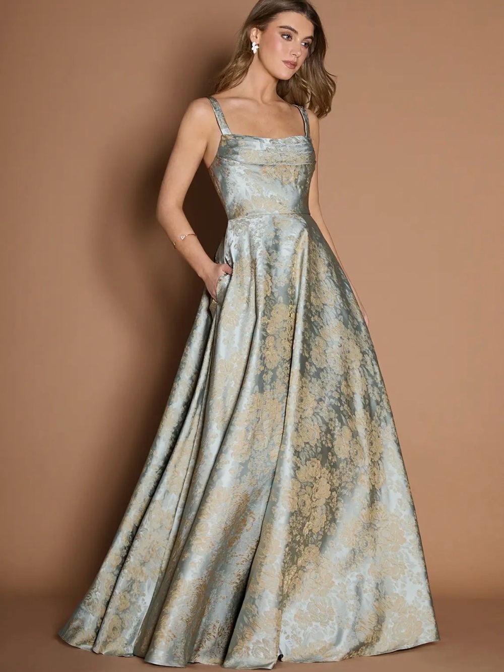 NWT Azazie Elegant Blue-Green Brocade Evening Dress Lilla Vintage Blue Custom